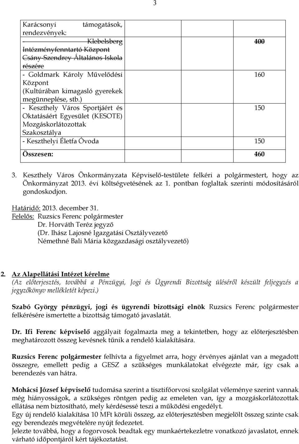 Keszthely Város Önkormányzata Képviselő-testülete felkéri a polgármestert, hogy az Önkormányzat 2013. évi költségvetésének az 1. pontban foglaltak szerinti módosításáról gondoskodjon. Határidő: 2013.