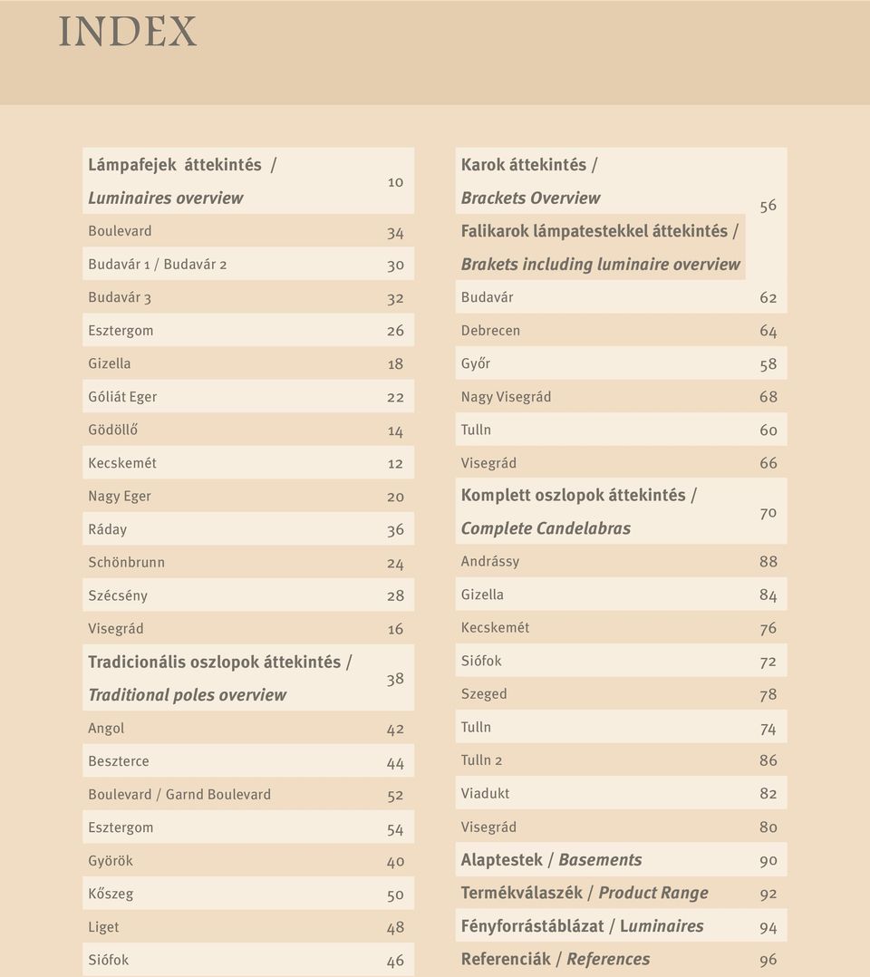 áttekintés / Complete Candelabras 70 Schönbrunn 24 Szécsény 28 Visegrád 16 Andrássy 88 Gizella 84 Kecskemét 76 Tradicionális oszlopok áttekintés / Traditional poles overview 38 Siófok 72 Szeged 78