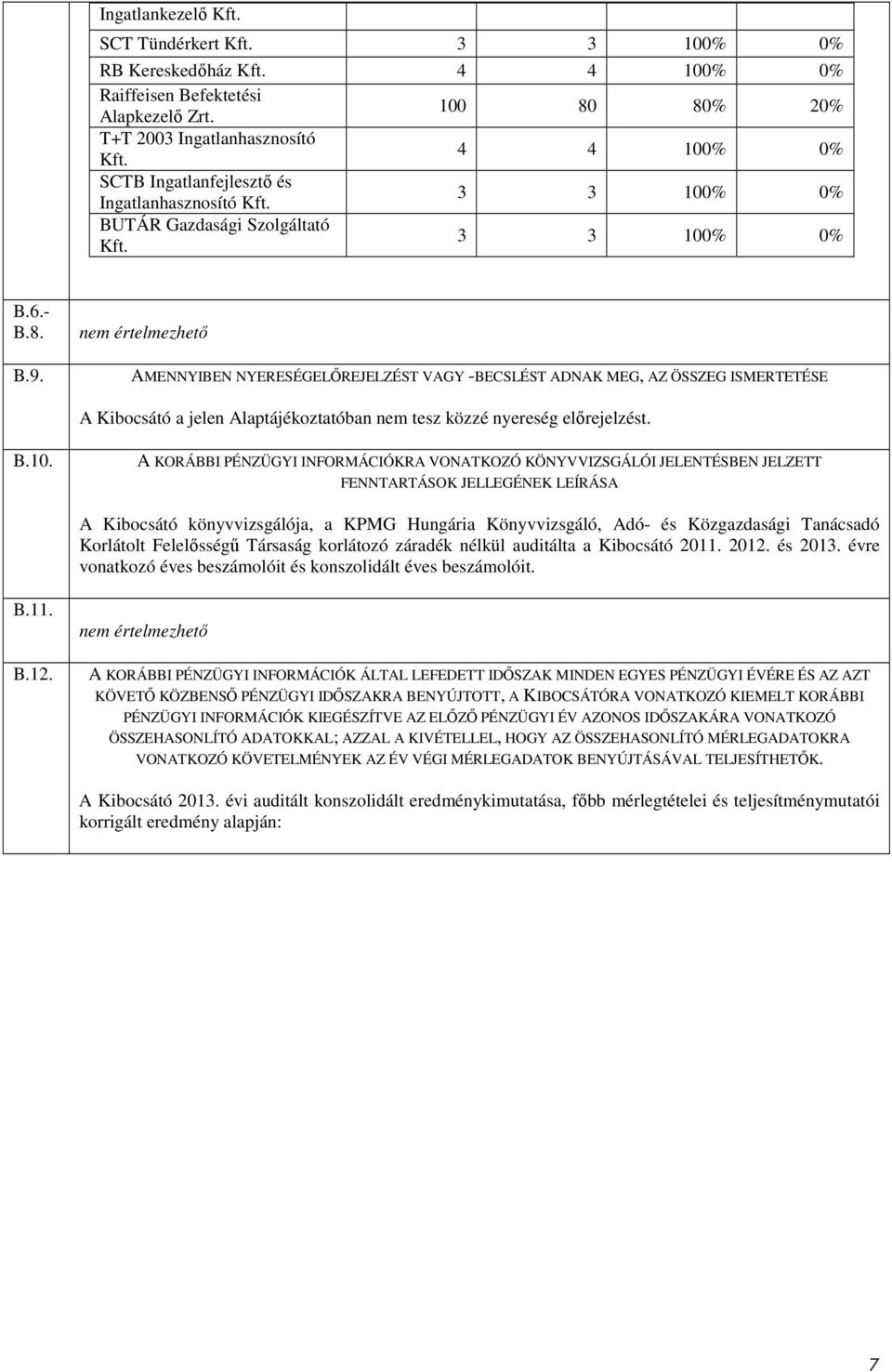 nem értelmezhetı AMENNYIBEN NYERESÉGELİREJELZÉST VAGY -BECSLÉST ADNAK MEG, AZ ÖSSZEG ISMERTETÉSE A Kibocsátó a jelen Alaptájékoztatóban nem tesz közzé nyereség elırejelzést. B.10.