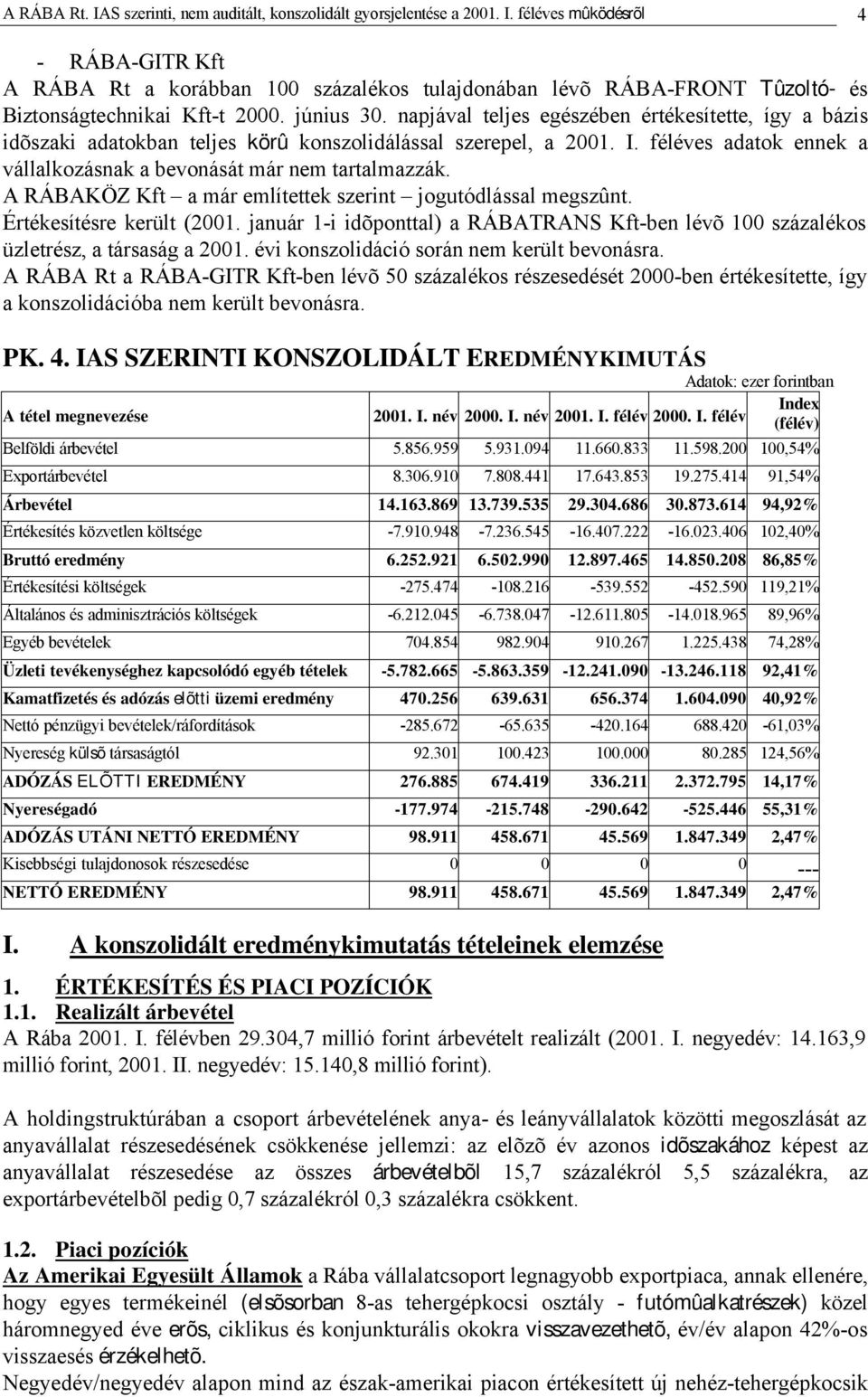 féléves adatok ennek a vállalkozásnak a bevonását már nem tartalmazzák. A RÁBAKÖZ Kft a már említettek szerint jogutódlással megszûnt. Értékesítésre került (2001.