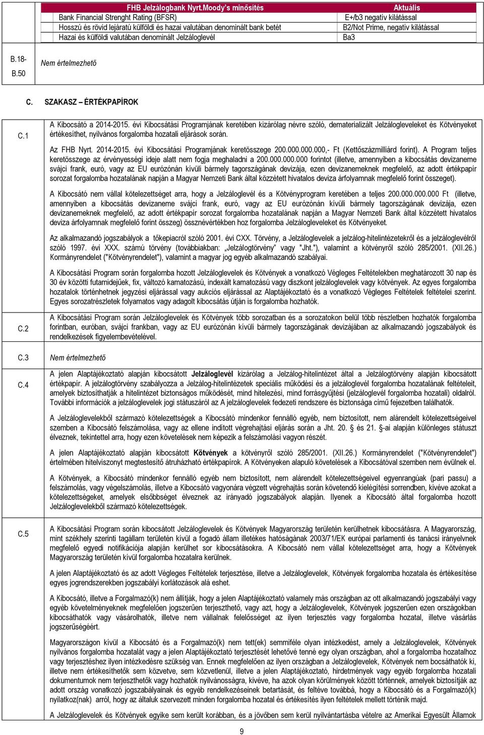 negatív kilátással B2/Not Prime, negatív kilátással Ba3 B.18- B.50 Nem értelmezhető C. SZAKASZ ÉRTÉKPAPÍROK C.1 C.2 A Kibocsátó a 2014-2015.