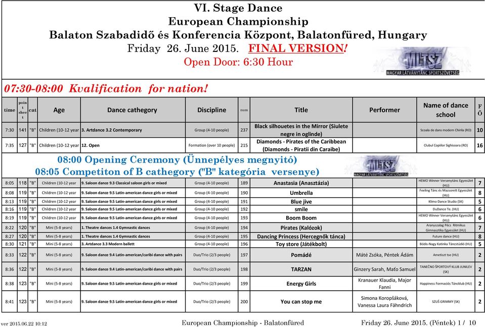 Open ormaion (over 0 people) 5 Black silhouees in he Mirror (Siulee negre in oglinde) Diamonds - Piraes of he Caribbean (Diamonds - Piraii din Caraibe) 08:00 Opening Ceremony (Ünnepélyes megnyió)