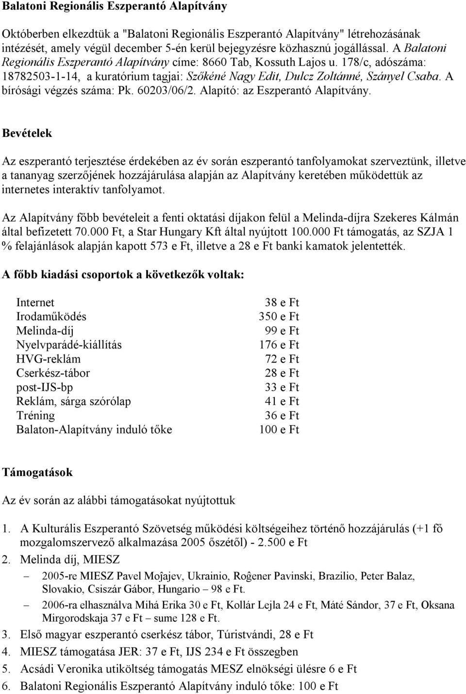 A bírósági végzés száma: Pk. 60203/06/2. Alapító: az Eszperantó Alapítvány.