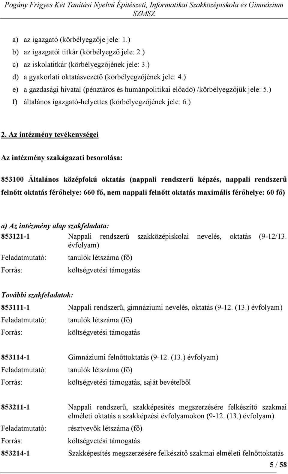 Az intézmény tevékenységei Az intézmény szakágazati besorolása: 853100 Általános középfokú oktatás (nappali rendszerő képzés, nappali rendszerő felnıtt oktatás férıhelye: 660 fı, nem nappali felnıtt