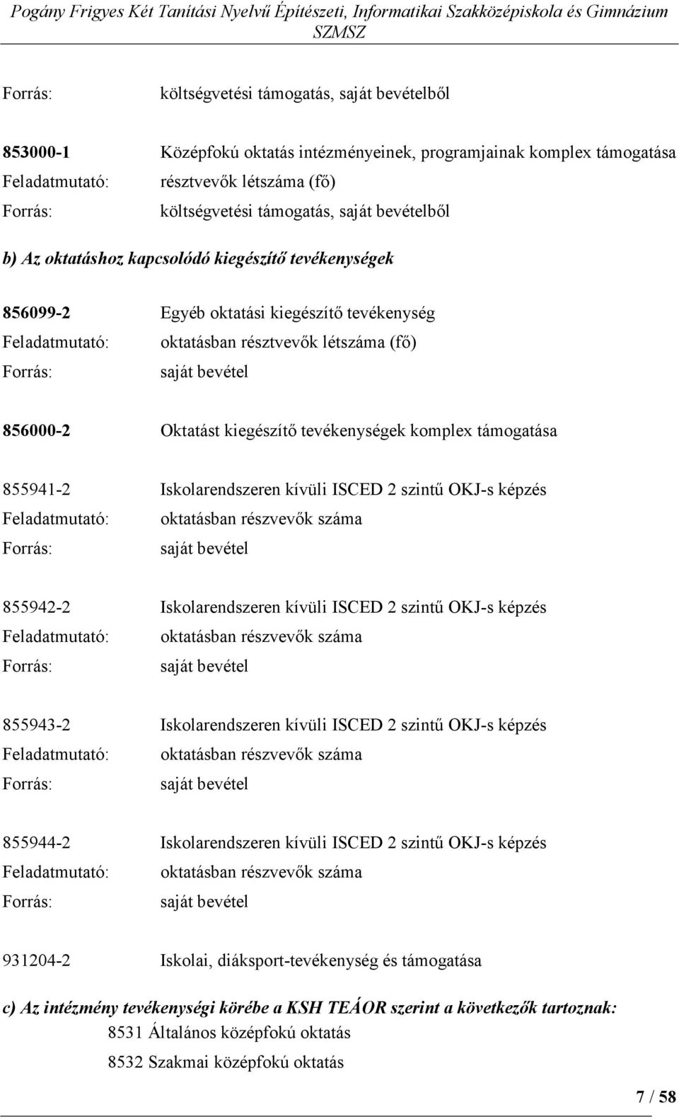 Oktatást kiegészítı tevékenységek komplex támogatása 855941-2 Iskolarendszeren kívüli ISCED 2 szintő OKJ-s képzés Feladatmutató: oktatásban részvevık száma Forrás: saját bevétel 855942-2