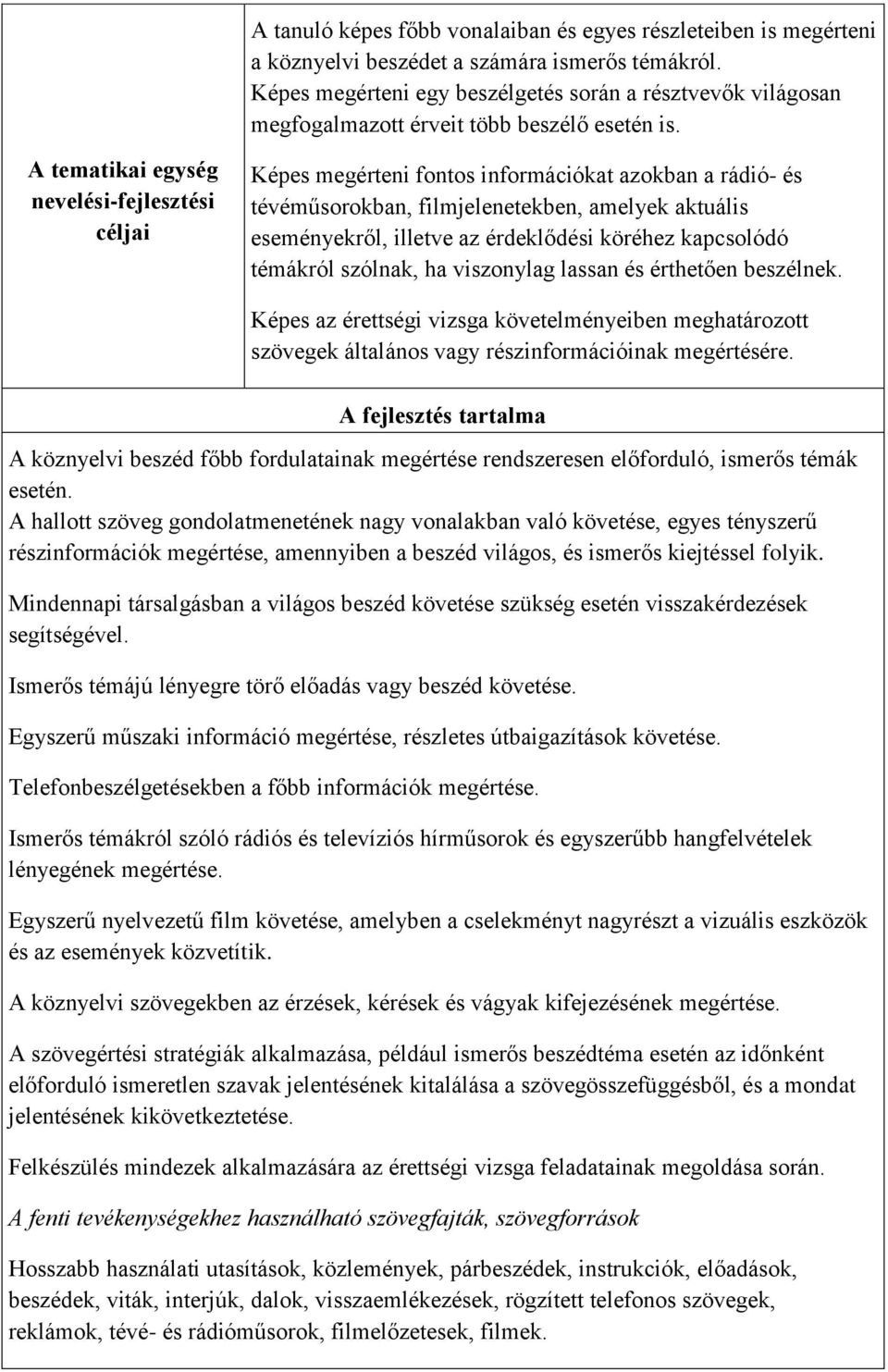 A tematikai egység nevelési-fejlesztési céljai Képes megérteni fontos információkat azokban a rádió- és tévéműsorokban, filmjelenetekben, amelyek aktuális eseményekről, illetve az érdeklődési köréhez