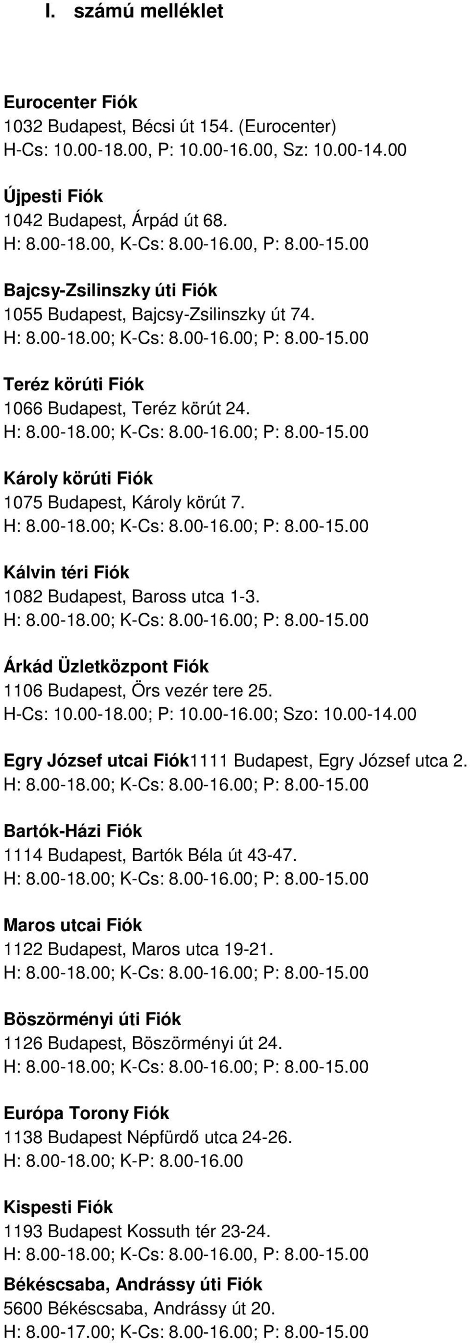 Kálvin téri Fiók 1082 Budapest, Baross utca 1-3. Árkád Üzletközpont Fiók 1106 Budapest, Örs vezér tere 25. H-Cs: 10.00-18.00; P: 10.00-16.00; Szo: 10.00-14.