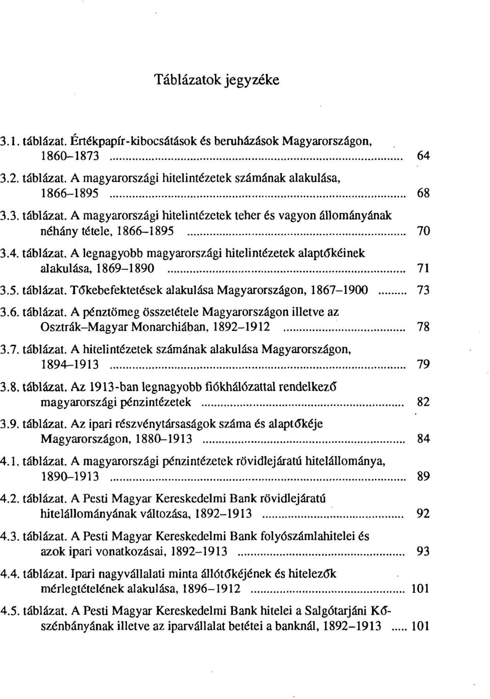 7. táblázat. A hitelintézetek számának alakulása Magyarországon, 1894-1913 79 3.8. táblázat. Az 1913-ban legnagyobb fiókhálózattal rendelkező magyarországi pénzintézetek 82 3.9. táblázat. Az ipari részvénytársaságok száma és alaptőkéje Magyarországon, 1880-1913 84 4.