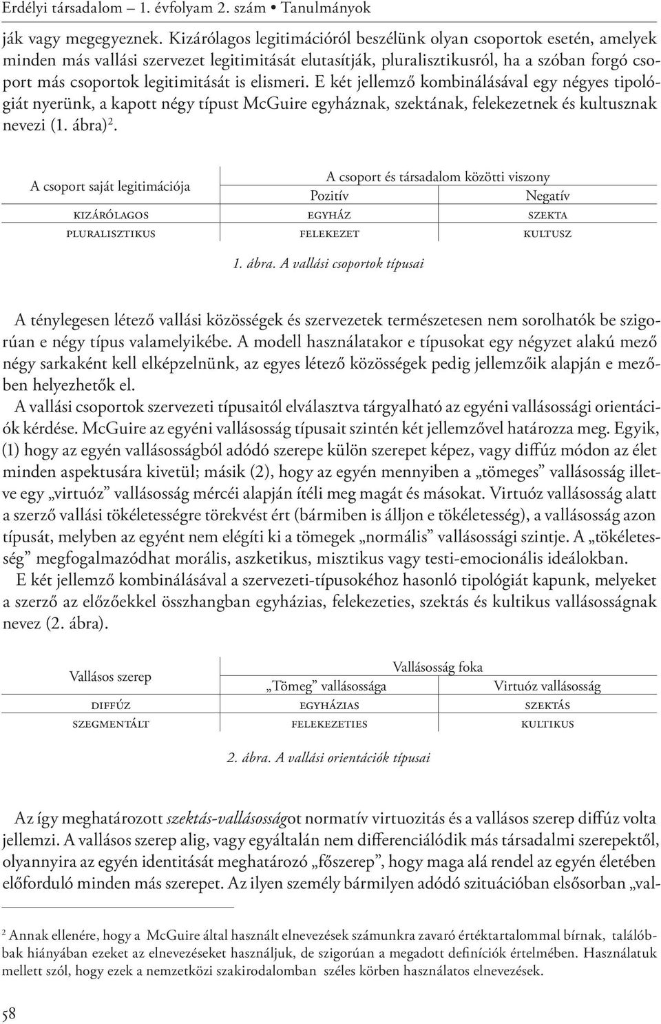 is elismeri. E két jellemző kombinálásával egy négyes tipológiát nyerünk, a kapott négy típust McGuire egyháznak, szektának, felekezetnek és kultusznak nevezi (1. ábra) 2.