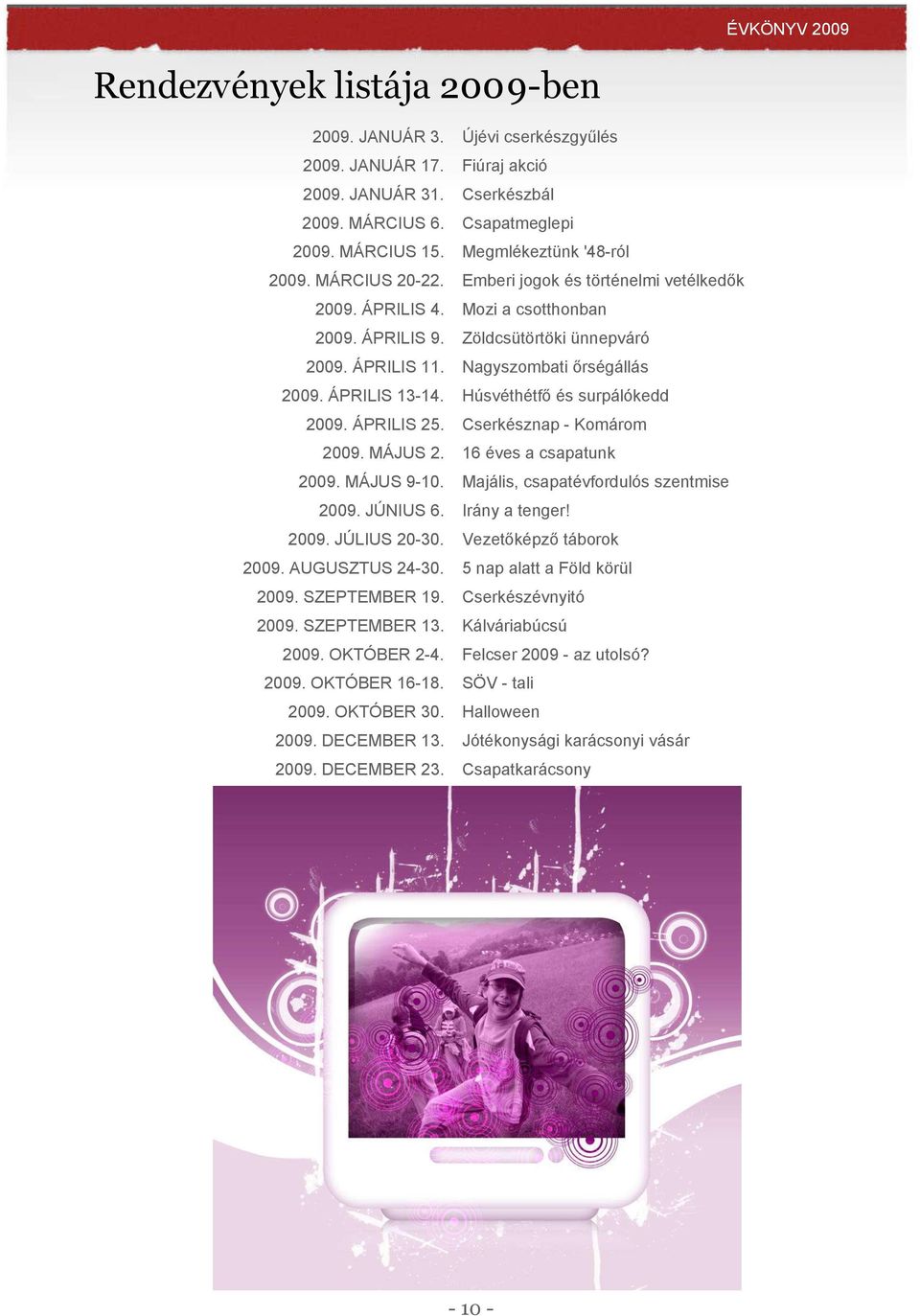 Nagyszombati őrségállás 2009. ÁPRILIS 13-14. Húsvéthétfő és surpálókedd 2009. ÁPRILIS 25. Cserkésznap - Komárom 2009. MÁJUS 2. 16 éves a csapatunk 2009. MÁJUS 9-10.