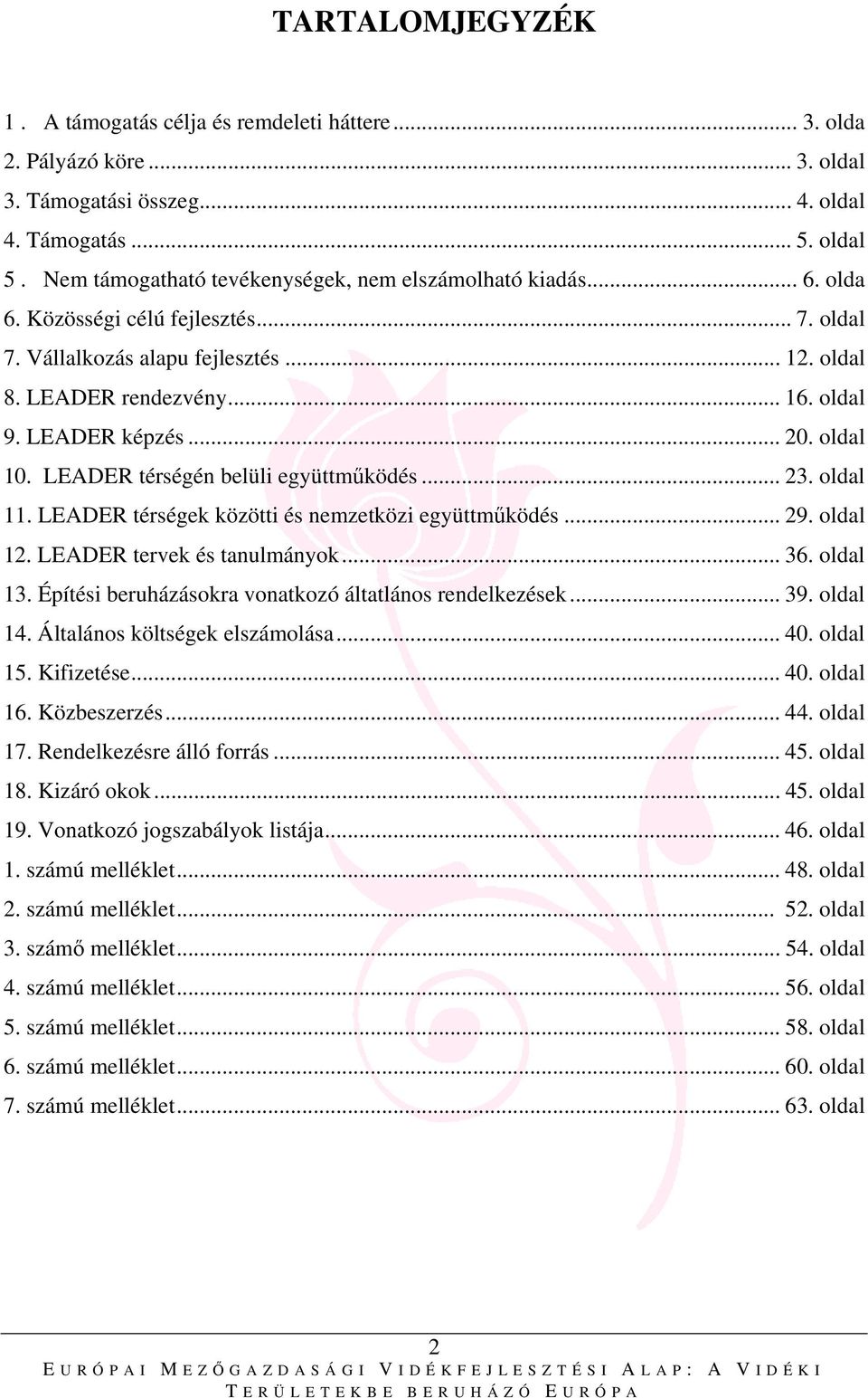 LEADER képzés... 20. oldal 10. LEADER térségén belüli együttműködés... 23. oldal 11. LEADER térségek közötti és nemzetközi együttműködés... 29. oldal 12. LEADER tervek és tanulmányok... 36. oldal 13.