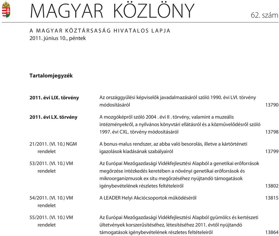 évi CXL. törvény módosításáról 13798 21/2011. (VI. 10.