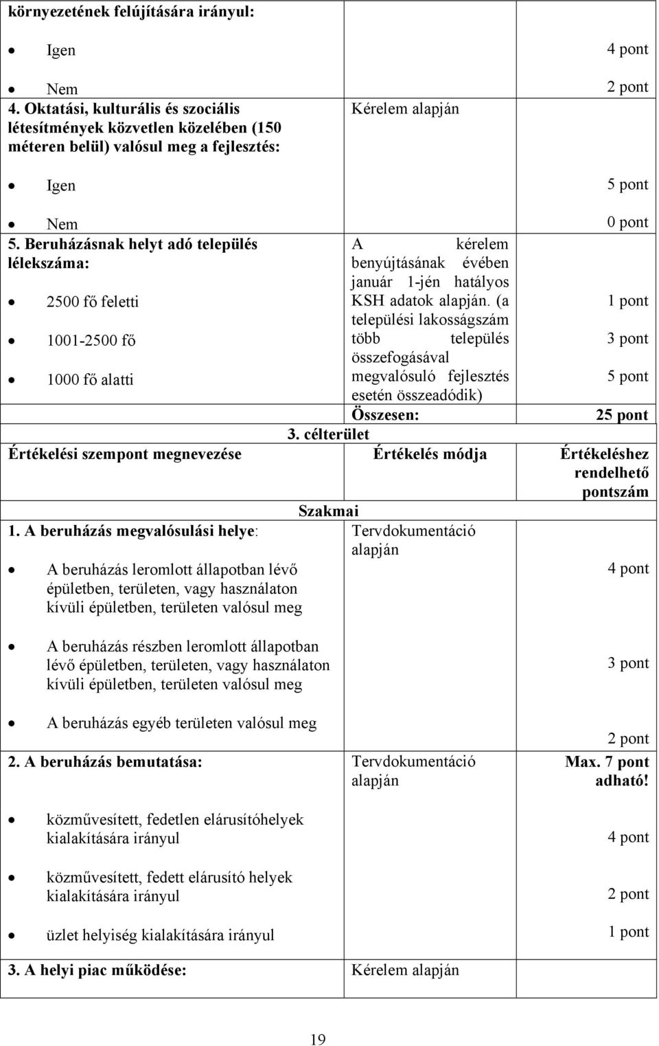 (a települési lakosságszám 1001-2500 fő több település összefogásával 1000 fő alatti megvalósuló fejlesztés esetén összeadódik) 2 3. célterület Szakmai 1.