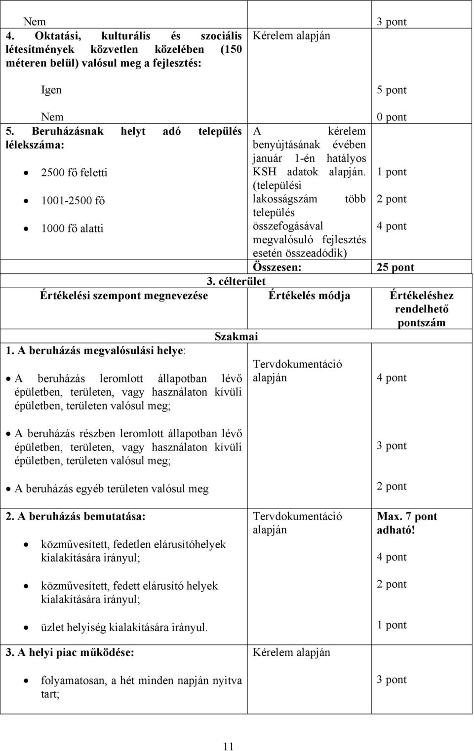 (települési 1001-2500 fő lakosságszám több település 1000 fő alatti összefogásával megvalósuló fejlesztés esetén összeadódik) 2 3. célterület Szakmai 1.