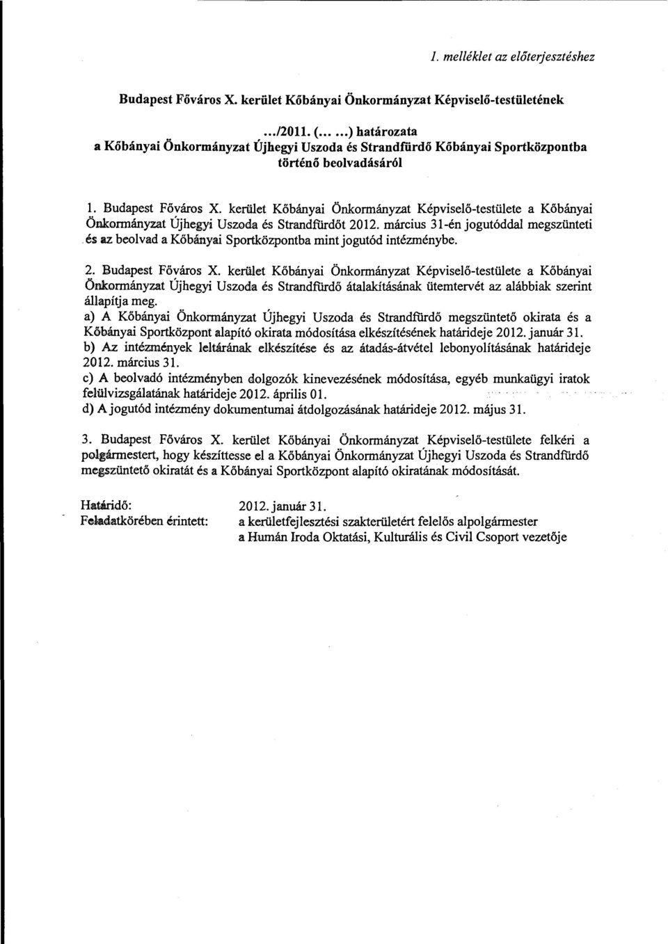 kerület Kőbányai Önkormányzat Képviselő-testülete a Kőbányai Önkormányzat Újhegyi Uszoda és Strandfiirdőt 2012. március 31-én jogutóddal megszünteti.