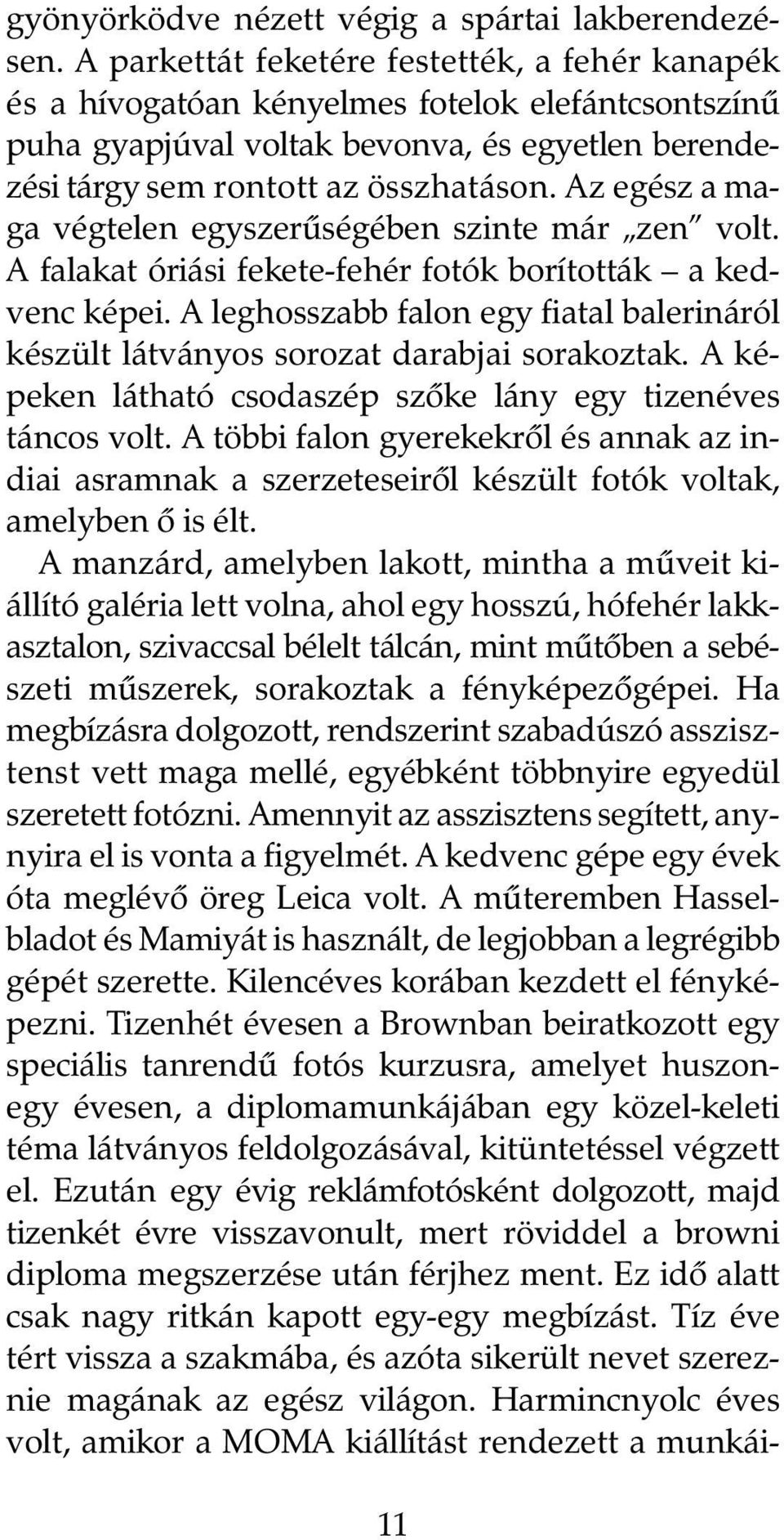 Az egész a maga végtelen egyszerûségében szinte már zen volt. A falakat óriási fekete-fehér fotók borították a kedvenc képei.