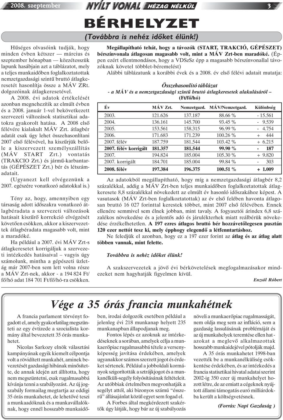 bruttó átlagkeresetét hasonlítja össze a MÁV ZRt. dolgozóinak átlagkeresetével. A 2008. évi adatok értékelését azonban megnehezítik az elmúlt évben és a 2008.