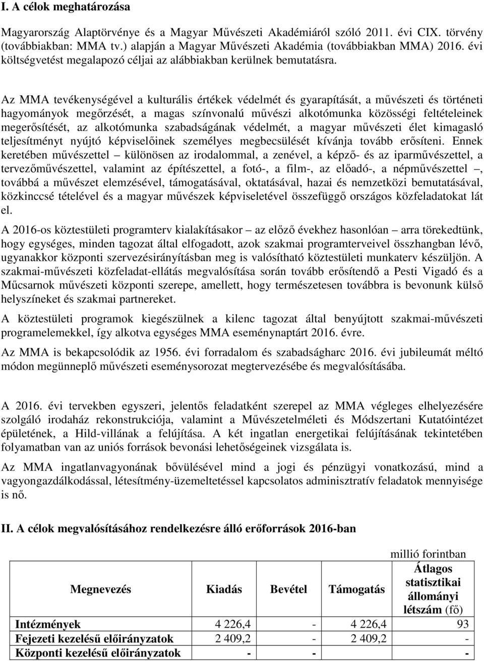 Az MMA tevékenységével a kulturális értékek védelmét és gyarapítását, a művészeti és történeti hagyományok megőrzését, a magas színvonalú művészi alkotómunka közösségi feltételeinek megerősítését, az