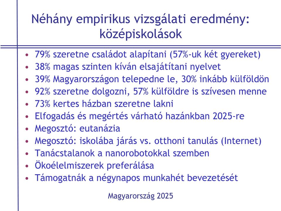 73% kertes házban szeretne lakni Elfogadás és megértés várható hazánkban 2025-re Megosztó: eutanázia Megosztó: iskolába járás vs.