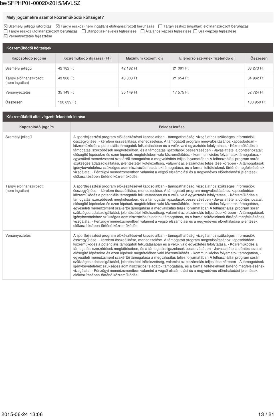 fejlesztése Általános képzés fejlesztése Szakképzés fejlesztése Versenyeztetés fejlesztése Közreműködői költségek Kapcsolódó jogcím Közreműködő díjazása (Ft) Maximum közrem.