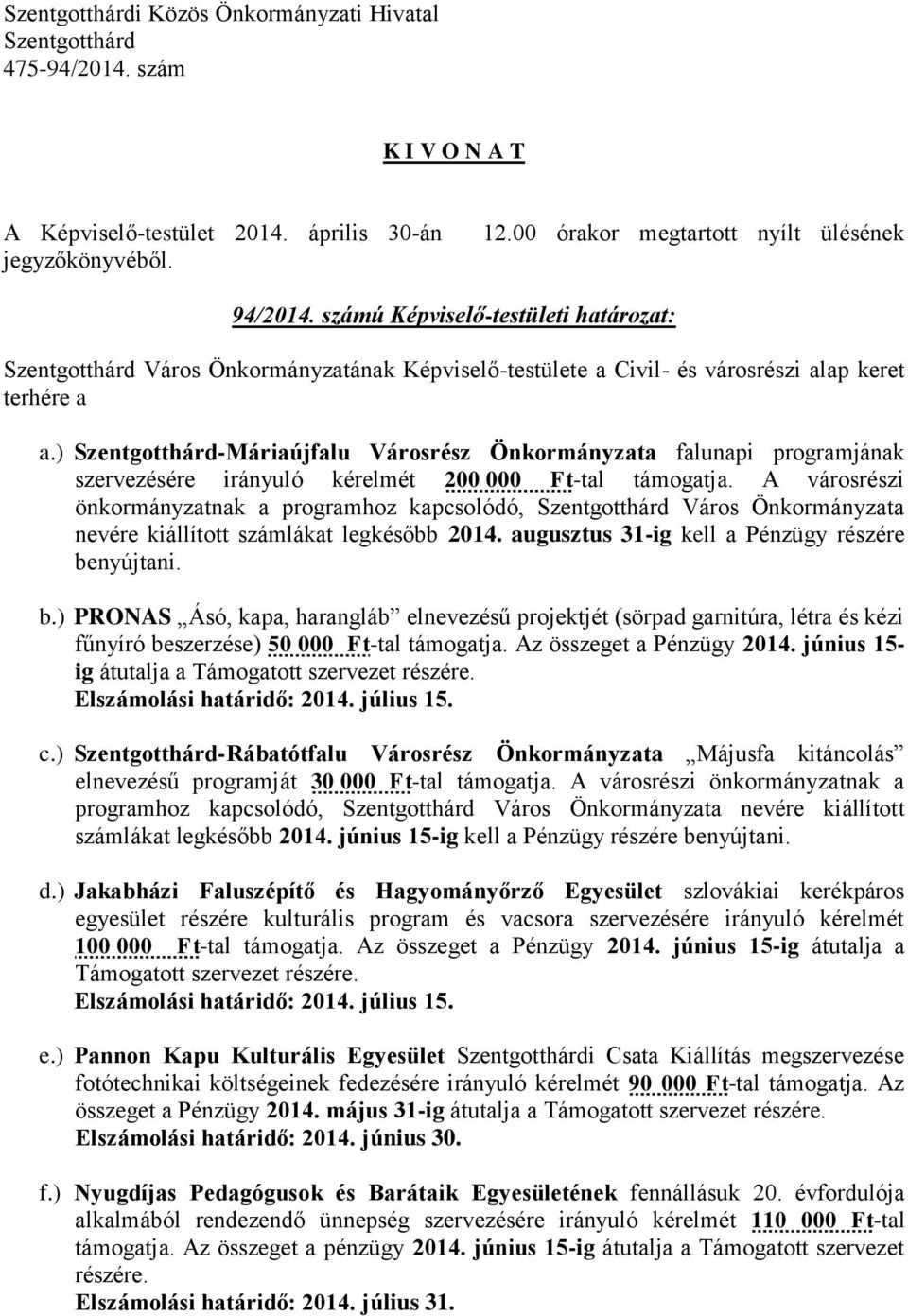 A városrészi önkormányzatnak a programhoz kapcsolódó, Város Önkormányzata nevére kiállított számlákat legkésőbb 2014. augusztus 31-ig kell a Pénzügy részére be