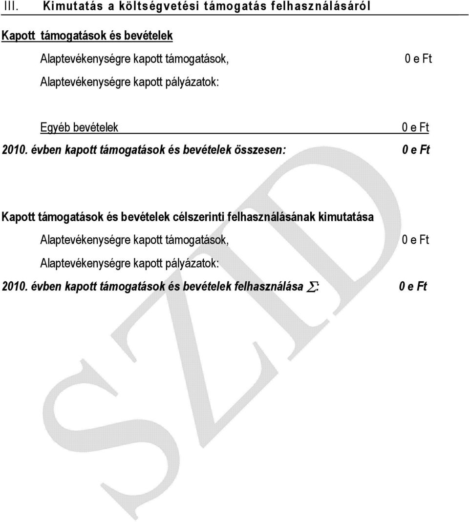 évben kapott támogatások és bevételek összesen: 0 e Ft Kapott támogatások és bevételek célszerinti felhasználásának