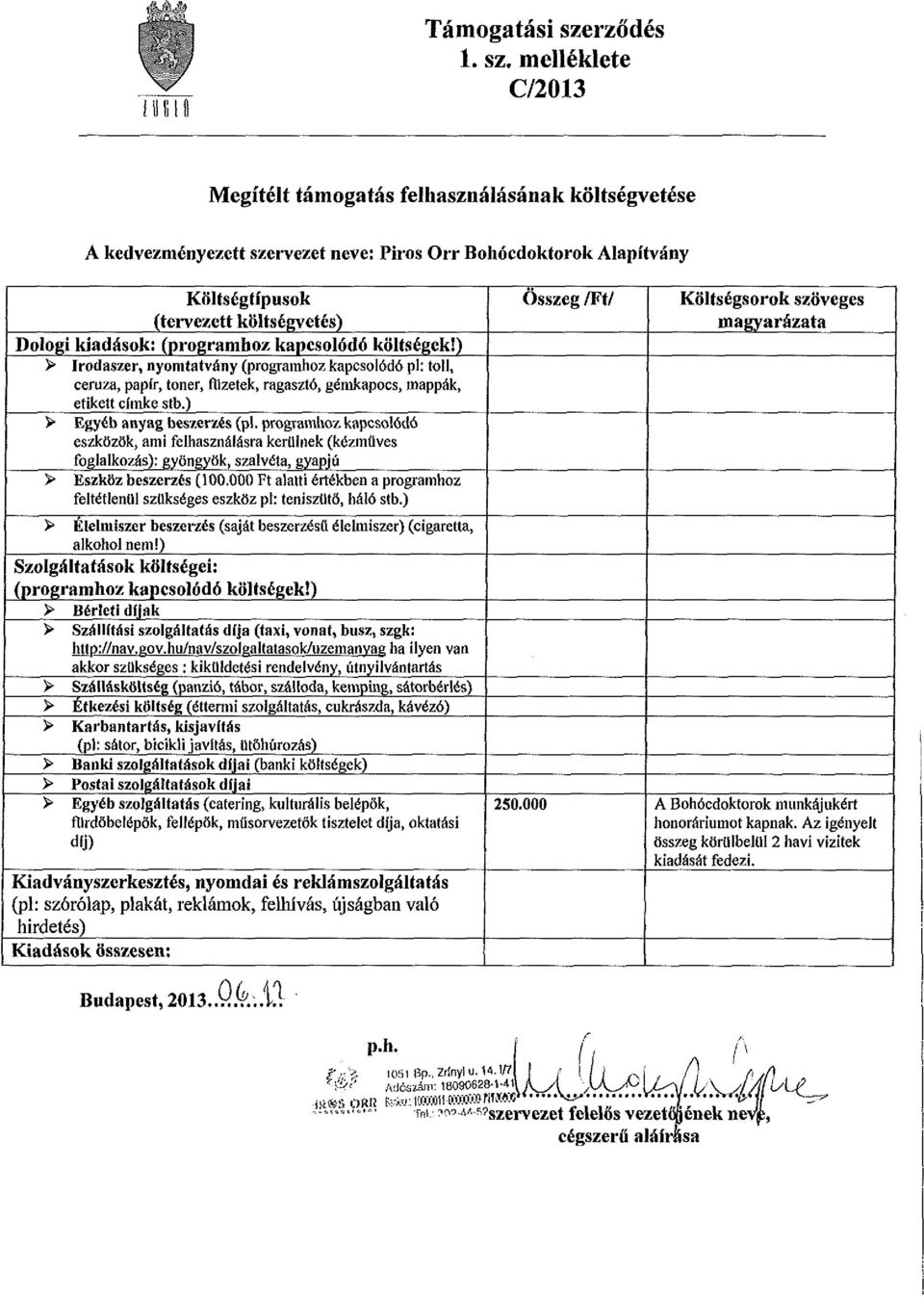 melléklete C/2013 Megítélt támogatás felhasználásának költségvetése A kedvezményezett szervezet neve: Piros Orr Bohócdoktorok Alapítvány Költségtípusok (tervezett költségvetés) Dologi kiadások: