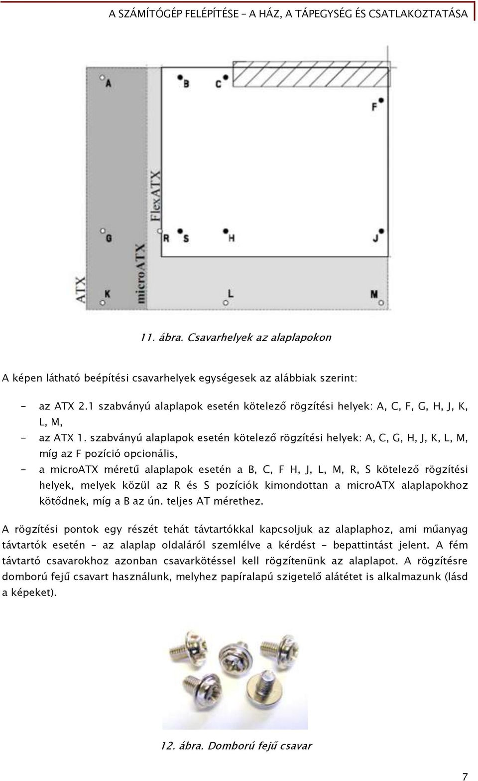 szabványú alaplapok esetén kötelez röőzítési helyek: A, C, G, H, J, K, L, M, míő az F pozíció opcionális, - a microatx méretű alaplapok esetén a B, C, F H, J, L, M, R, S kötelez röőzítési helyek,