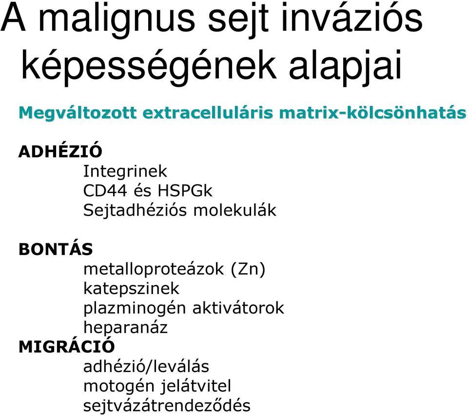 molekulák BONTÁS metalloproteázok (Zn) katepszinek plazminogén aktivátorok