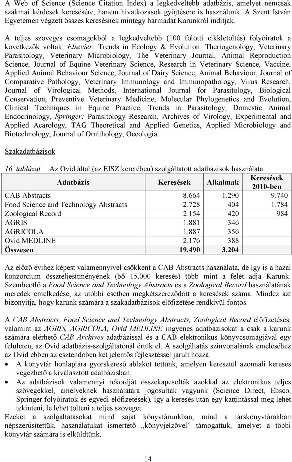 A teljes szöveges csomagokból a legkedveltebb (100 fölötti cikkletöltés) folyóiratok a következık voltak: Elsevier: Trends in Ecology & Evolution, Theriogenology, Veterinary Parasitology, Veterinary