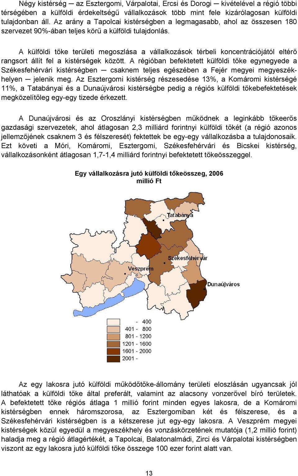 A külföldi tőke területi megoszlása a vállalkozások térbeli koncentrációjától eltérő rangsort állít fel a kistérségek között.