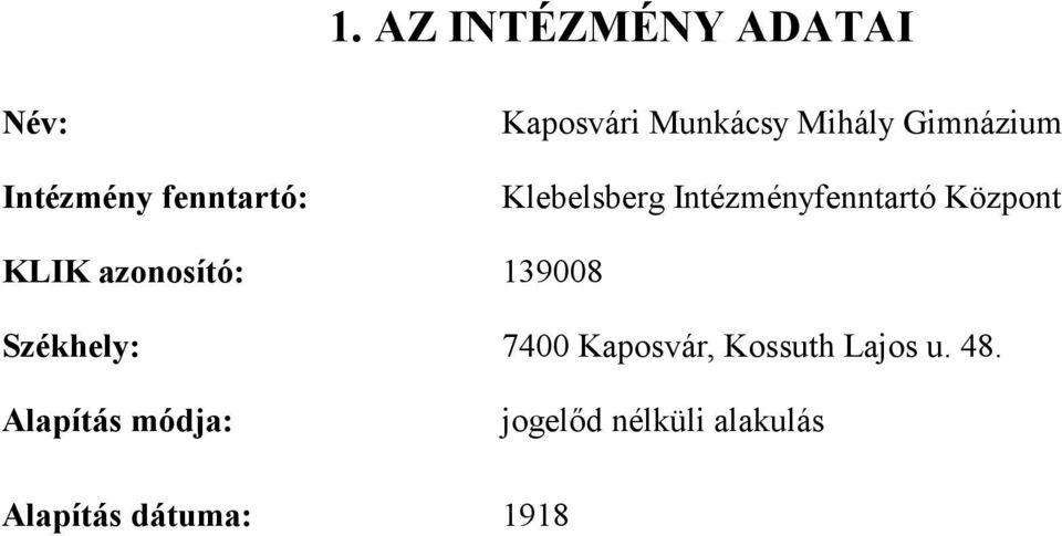 KLIK azonosító: 139008 Székhely: 7400 Kaposvár, Kossuth Lajos u.
