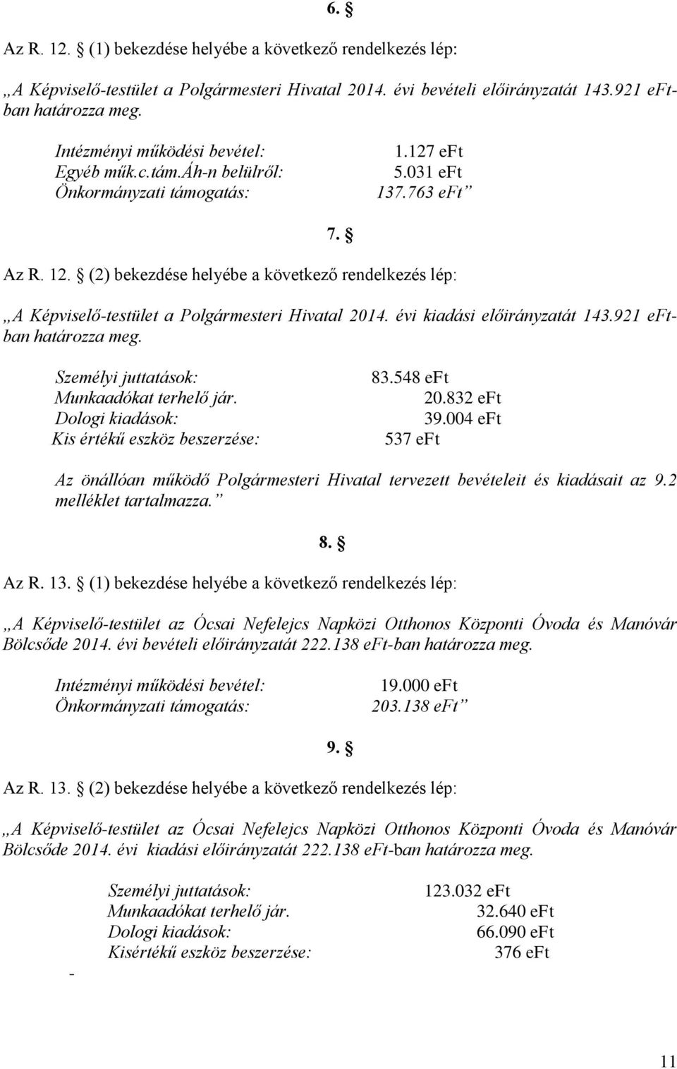 (2) bekezdése helyébe a következő rendelkezés lép: A Képviselő-testület a Polgármesteri Hivatal 2014. évi kiadási előirányzatát 143.921 eftban határozza meg.