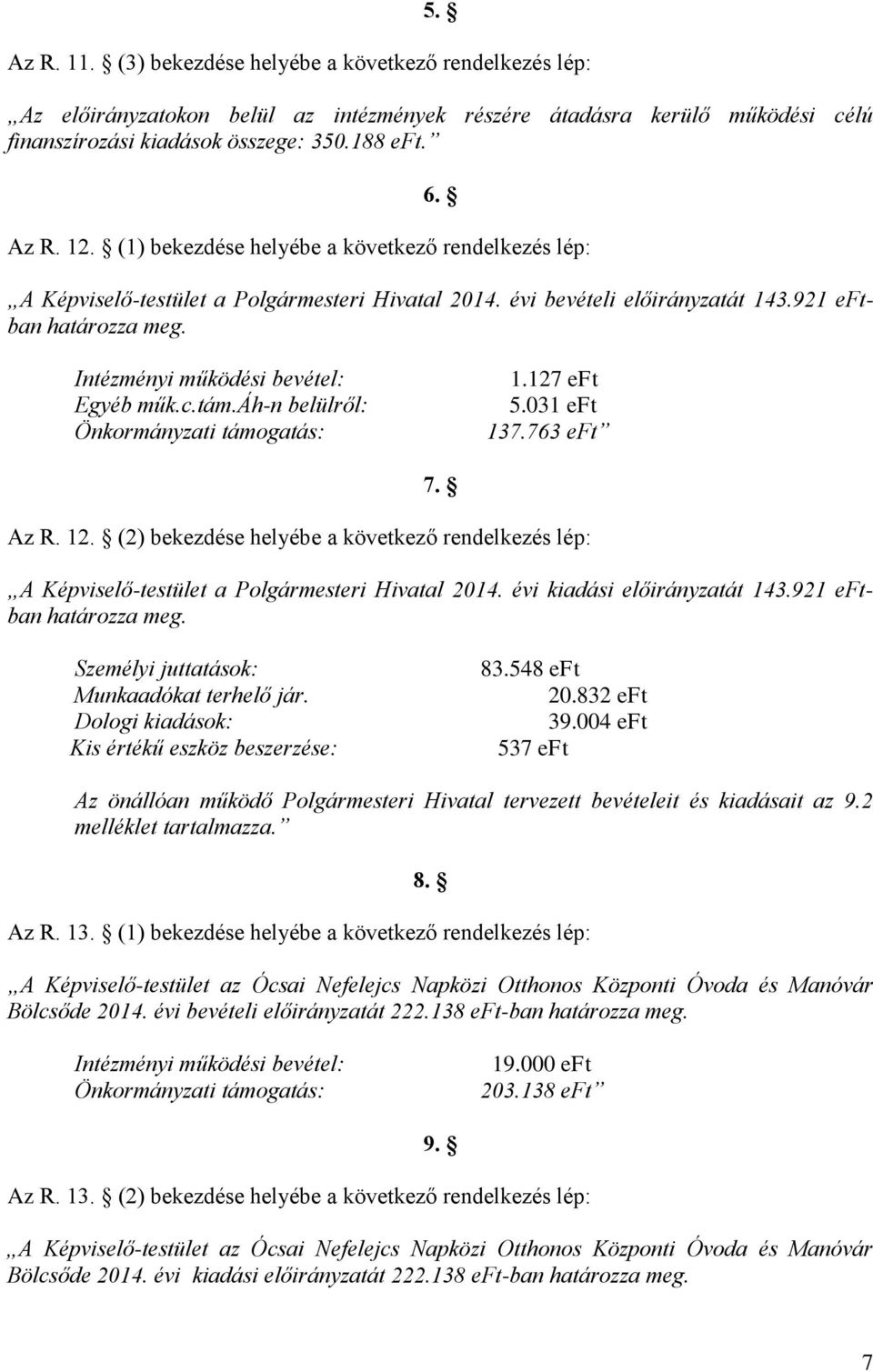 tám.áh-n belülről: Önkormányzati támogatás: 1.127 eft 5.031 eft 137.763 eft 7. Az R. 12. (2) bekezdése helyébe a következő rendelkezés lép: A Képviselő-testület a Polgármesteri Hivatal 2014.