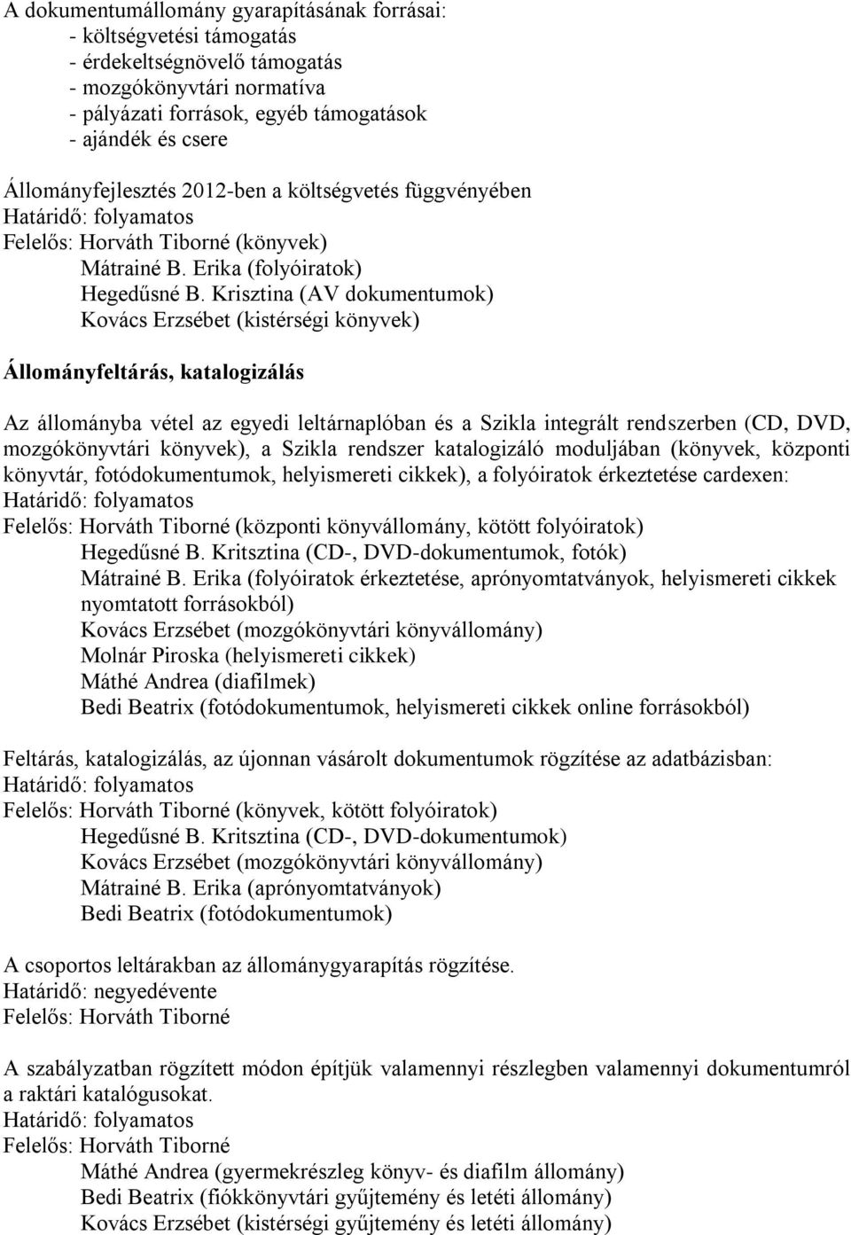 Krisztina (AV dokumentumok) Kovács Erzsébet (kistérségi könyvek) Állományfeltárás, katalogizálás Az állományba vétel az egyedi leltárnaplóban és a Szikla integrált rendszerben (CD, DVD,