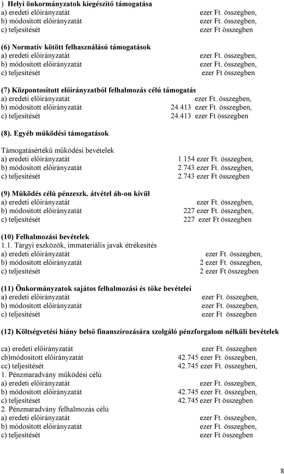 154 b) módosított előirányzatát 2.743 c) teljesítését 2.743 ezer Ft összegben (9) Működés célú pénzeszk.