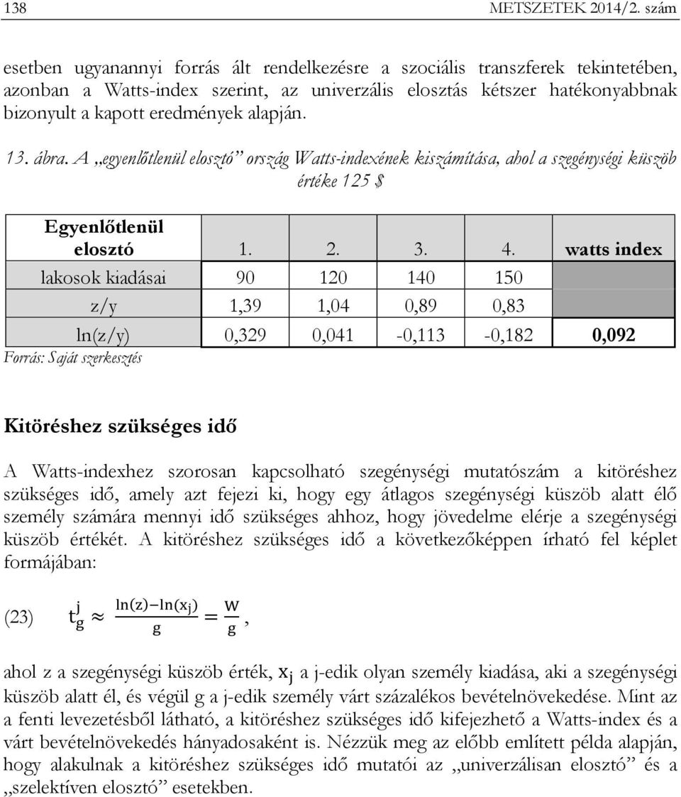 alapján. 13. ábra. A egyenlőtlenül elosztó ország Watts-indexének kiszámítása, ahol a szegénységi küszöb értéke 125 $ Egyenlőtlenül elosztó 1. 2. 3. 4.