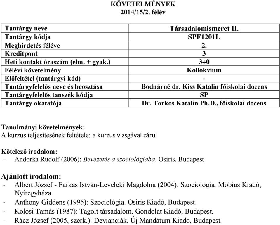 szociológiába. Osiris, Ajánlott irodalom: - Albert József - Farkas István-Leveleki Magdolna (2004): Szociológia.