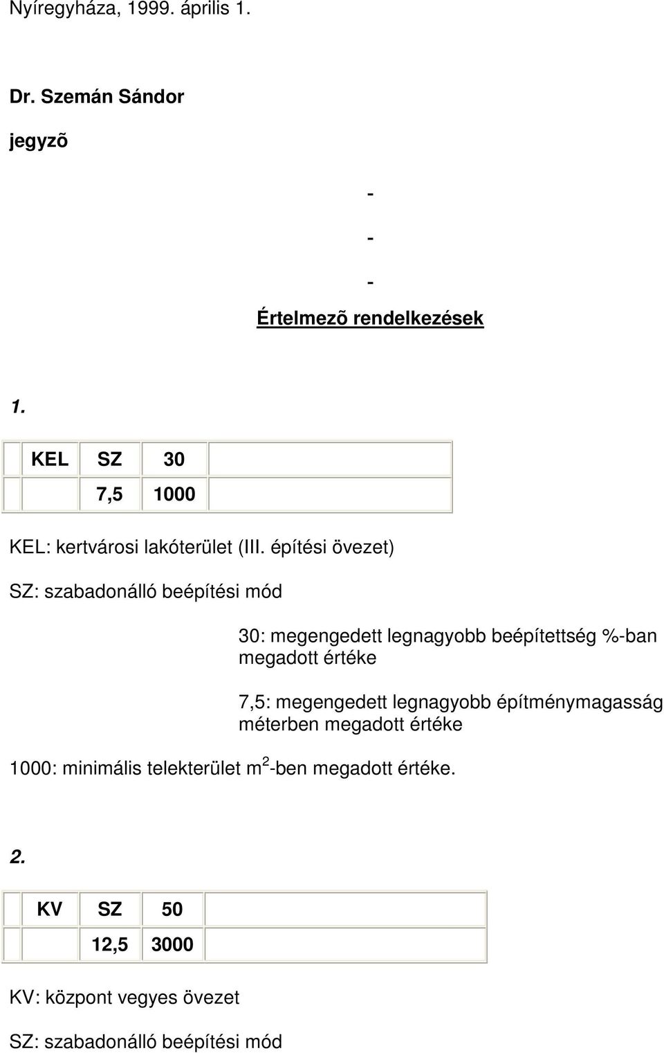 építési övezet) SZ: szabadonálló beépítési mód 30: megengedett legnagyobb beépítettség %-ban megadott értéke