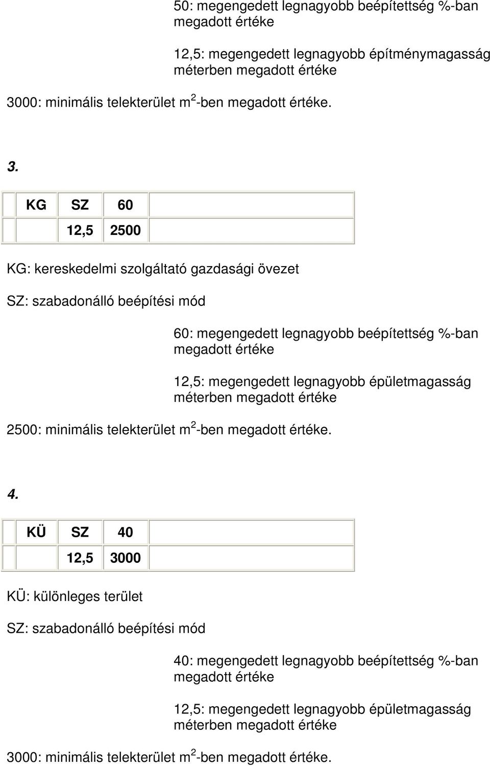 KG SZ 60 12,5 2500 KG: kereskedelmi szolgáltató gazdasági övezet SZ: szabadonálló beépítési mód 60: megengedett legnagyobb beépítettség %-ban megadott értéke 12,5: megengedett