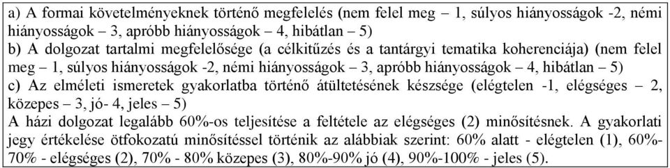 ismeretek gyakorlatba történő átültetésének készsége (elégtelen 1, elégséges 2, közepes 3, jó 4, jeles 5) A házi dolgozat legalább 60%os teljesítése a feltétele az elégséges (2)