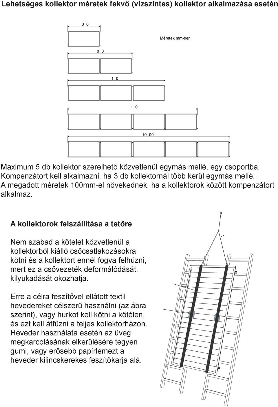 A kollektorok felszállítása a tetőre Nem szabad a kötelet közvetlenül a kollektorból kiálló csőcsatlakozásokra kötni és a kollektort ennél fogva felhúzni, mert ez a csővezeték deformálódását,