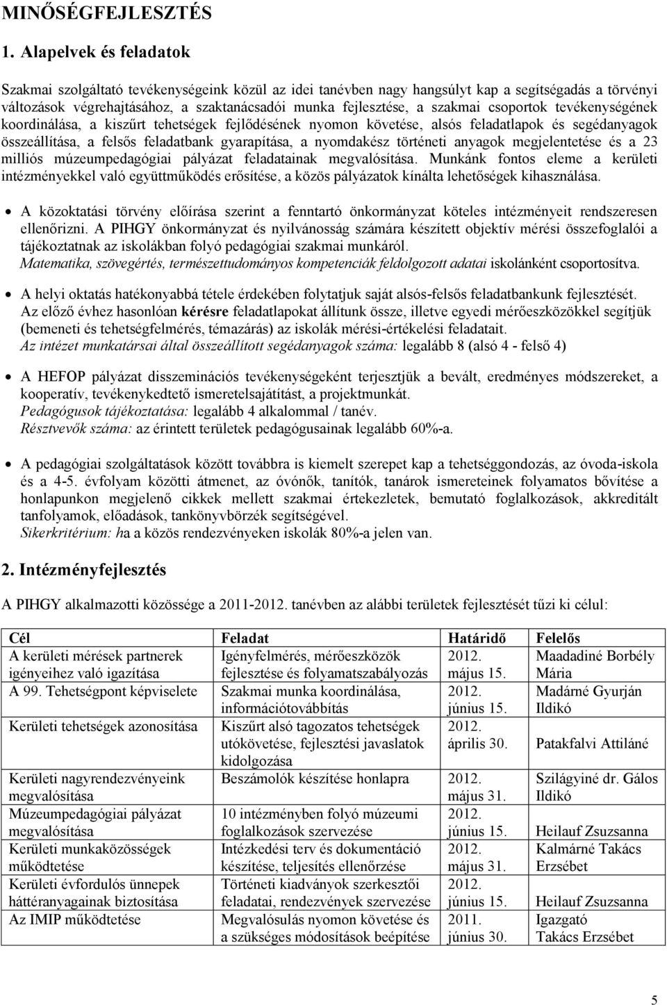 szakmai csoportok tevékenységének koordinálása, a kiszűrt tehetségek fejlődésének nyomon követése, alsós feladatlapok és segédanyagok összeállítása, a felsős feladatbank gyarapítása, a nyomdakész