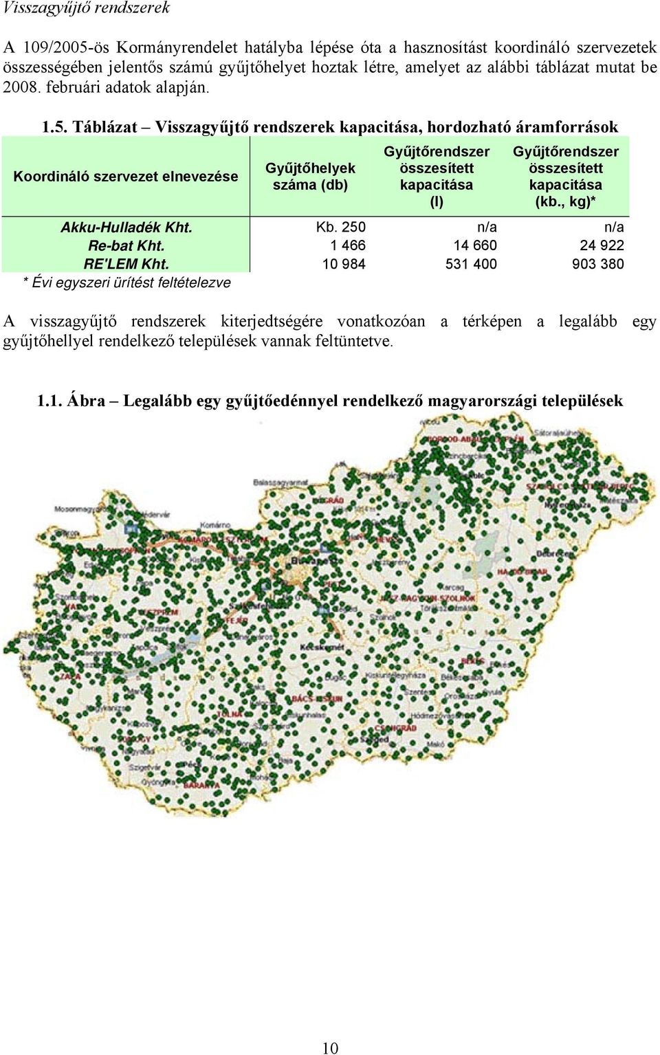 Táblázat Visszagyűjtő rendszerek kapacitása, hordozható áramforrások Koordináló szervezet elnevezése Gyűjtőhelyek száma (db) Gyűjtőrendszer összesített kapacitása (l) Gyűjtőrendszer összesített