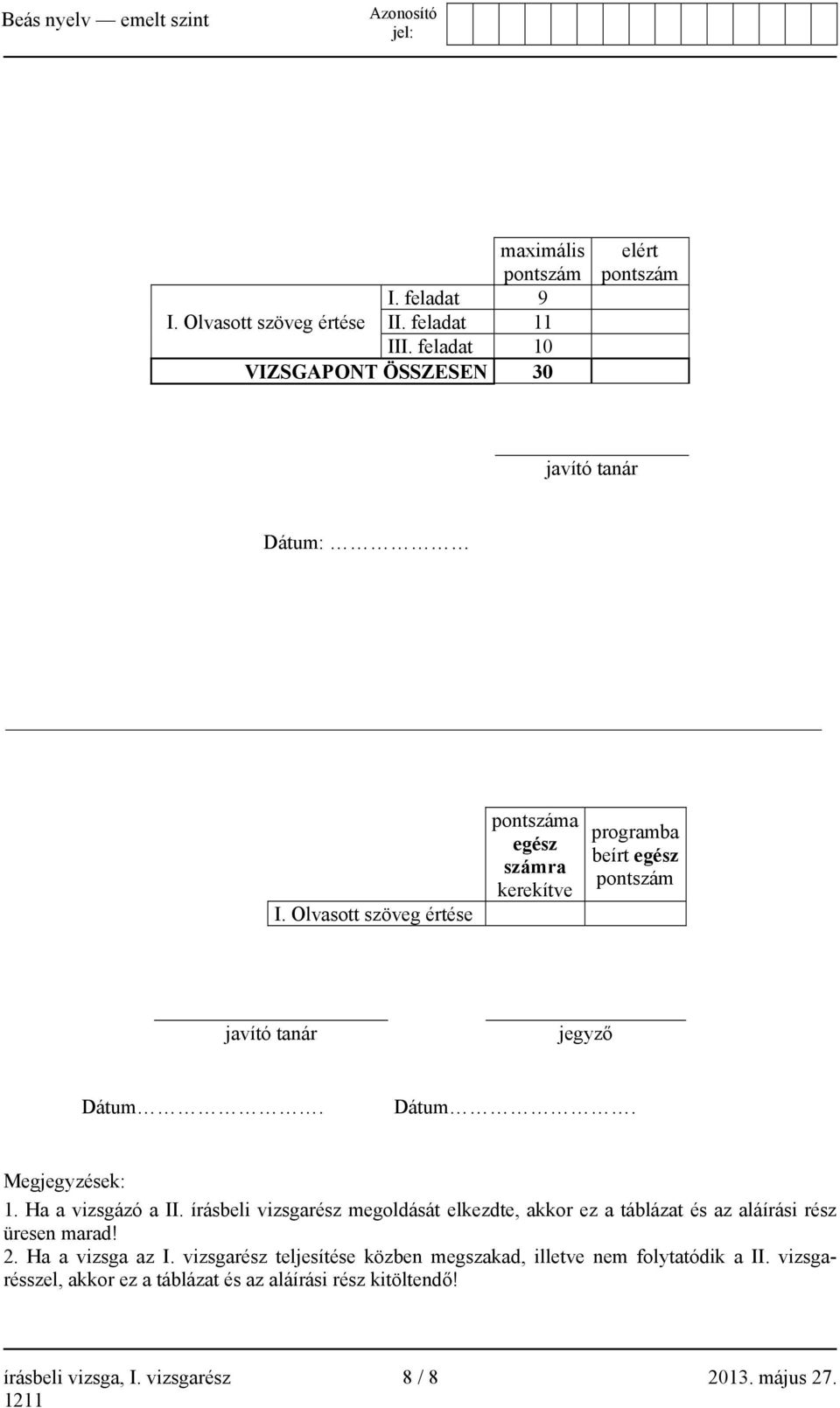 Ha a vizsgázó a II. írásbeli vizsgarész megoldását elkezdte, akkor ez a táblázat és az aláírási rész üresen marad! 2. Ha a vizsga az I.