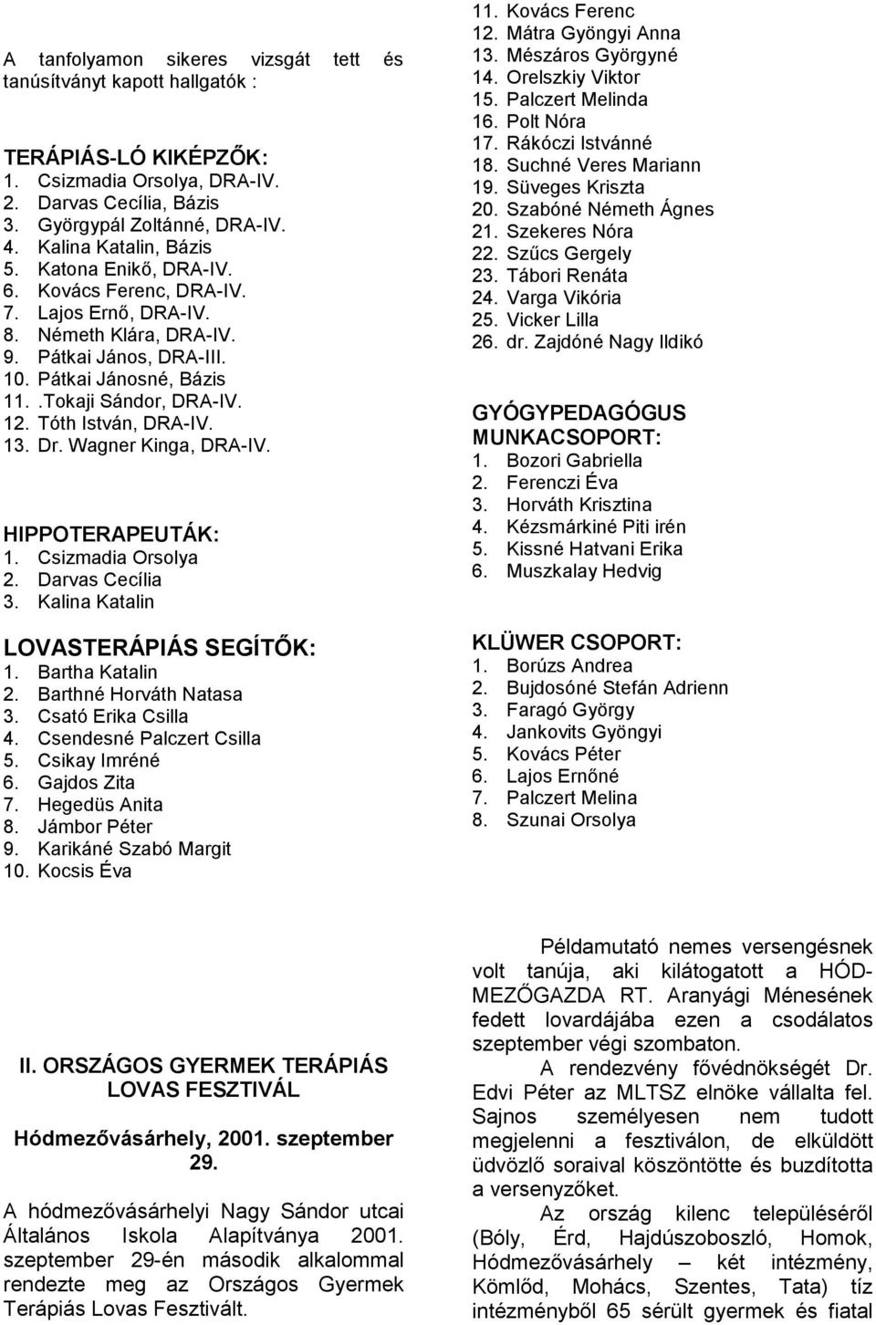 12. Tóth István, DRA-IV. 13. Dr. Wagner Kinga, DRA-IV. HIPPOTERAPEUTÁK: 1. Csizmadia Orsolya 2. Darvas Cecília 3. Kalina Katalin LOVASTERÁPIÁS SEGÍTŐK: 1. Bartha Katalin 2. Barthné Horváth Natasa 3.