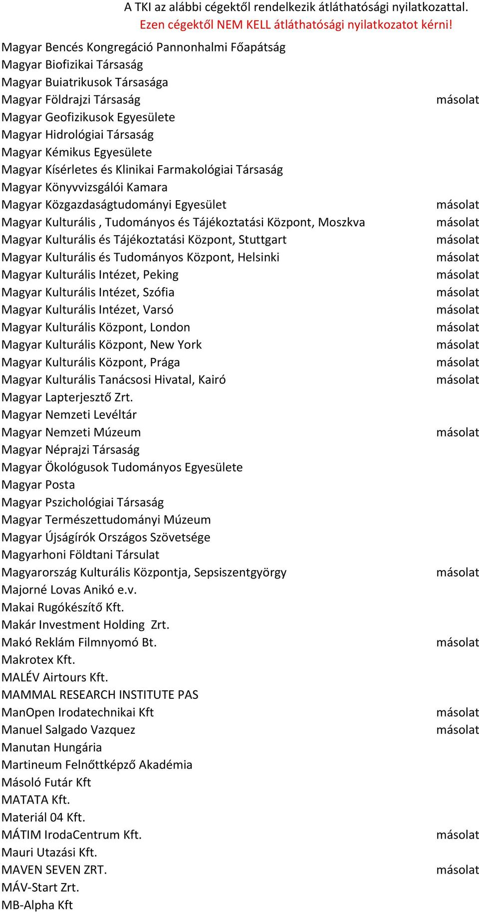 Moszkva Magyar Kulturális és Tájékoztatási Központ, Stuttgart Magyar Kulturális és Tudományos Központ, Helsinki Magyar Kulturális Intézet, Peking Magyar Kulturális Intézet, Szófia Magyar Kulturális