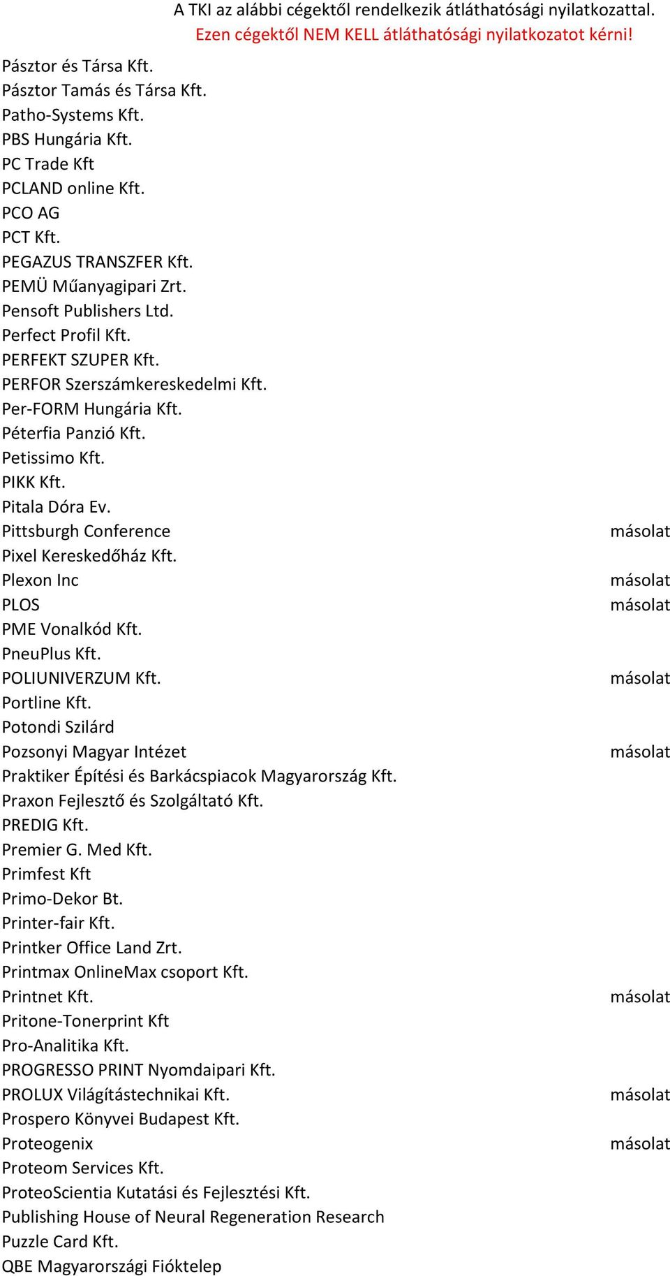Pittsburgh Conference Pixel Kereskedőház Kft. Plexon Inc PLOS PME Vonalkód Kft. PneuPlus Kft. POLIUNIVERZUM Kft. Portline Kft.