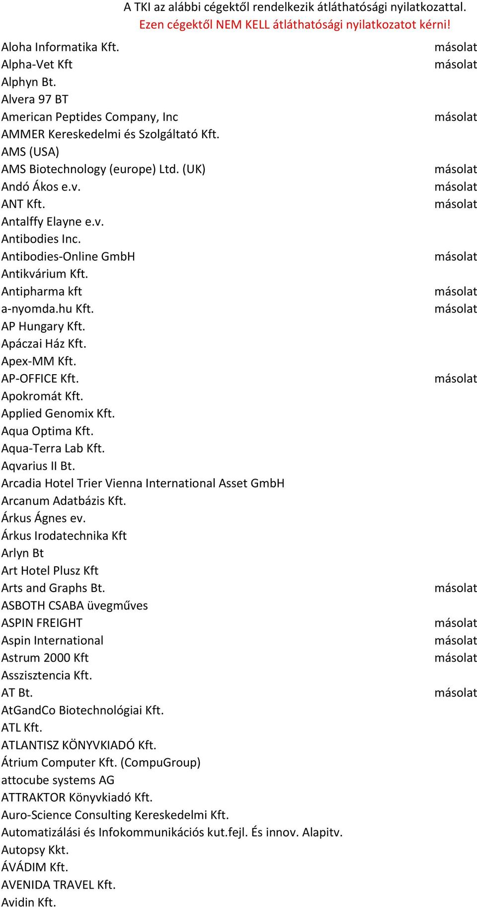 Applied Genomix Kft. Aqua Optima Kft. Aqua-Terra Lab Kft. Aqvarius II Bt. Arcadia Hotel Trier Vienna International Asset GmbH Arcanum Adatbázis Kft. Árkus Ágnes ev.
