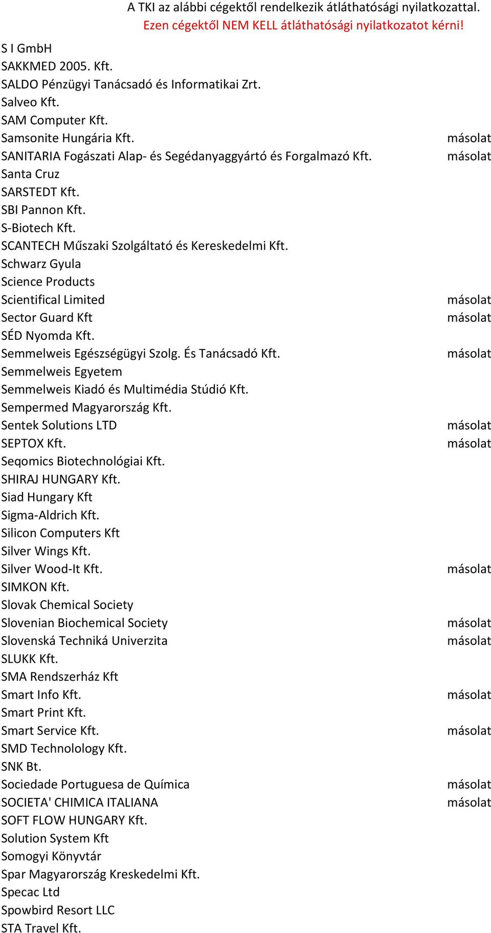 Semmelweis Egészségügyi Szolg. És Tanácsadó Kft. Semmelweis Egyetem Semmelweis Kiadó és Multimédia Stúdió Kft. Sempermed Magyarország Kft. Sentek Solutions LTD SEPTOX Kft.